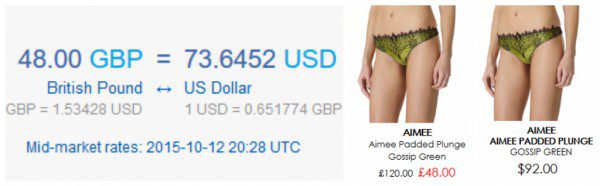 Here, you can see the price different between a sale bra from Myla in USD and in GBP, and then I have compared those prices with the market exchange rate between the two currencies.