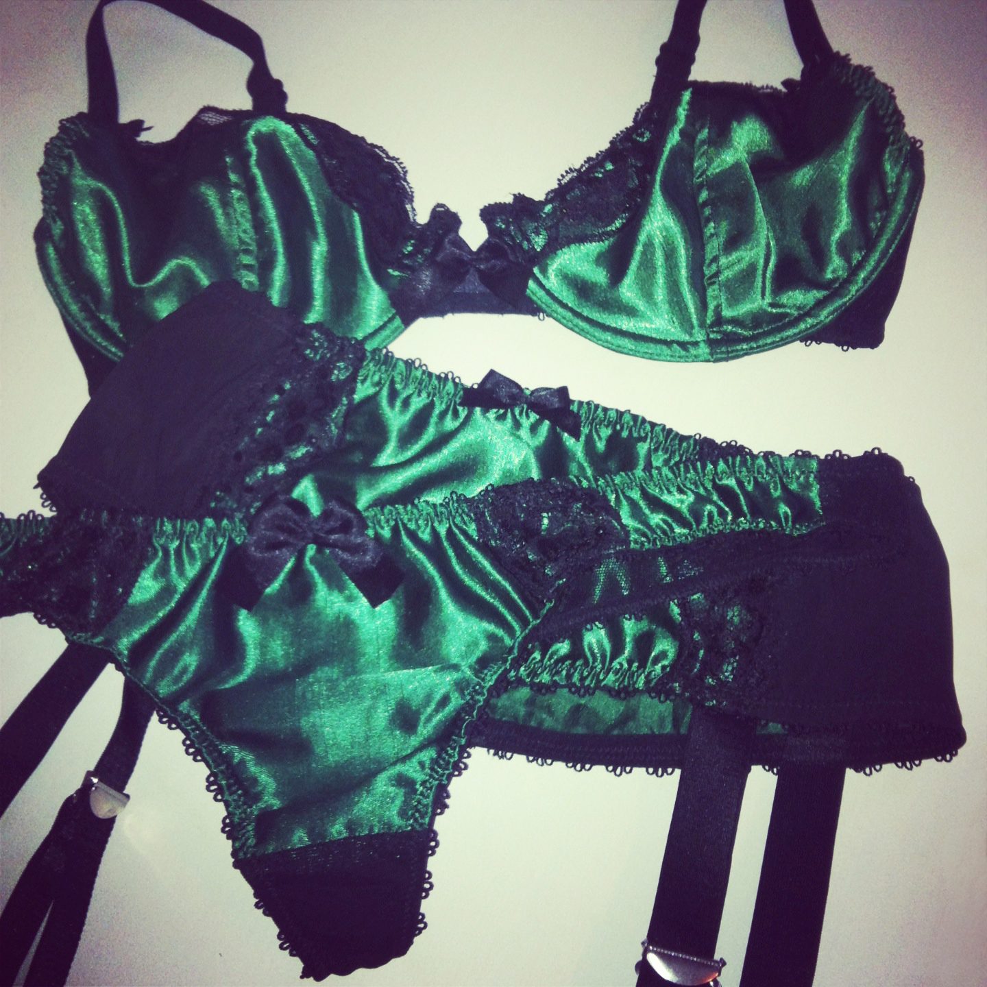 Emerald Dark Green Lace Satin Lingerie Set, Underwired Bra and