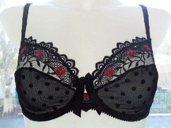 Black Generous women's underwired lace bra with a polka dots design