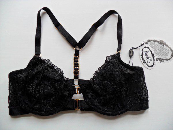 Victorias secret black lace razor back bra with gold