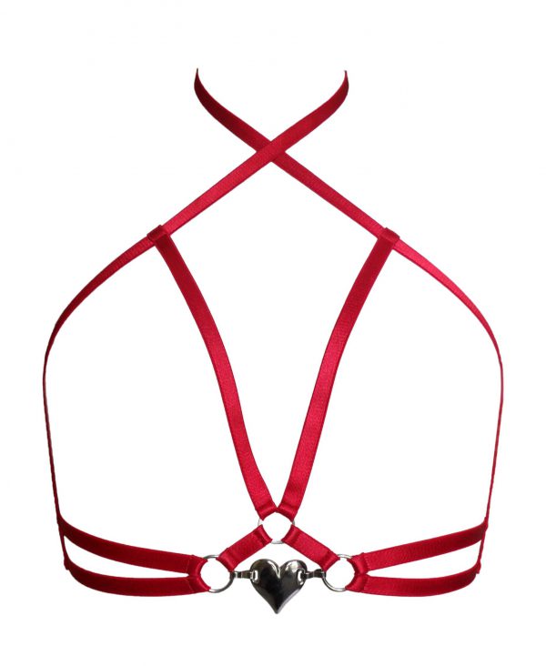 Black satin elastic harness bra with silver metal heart