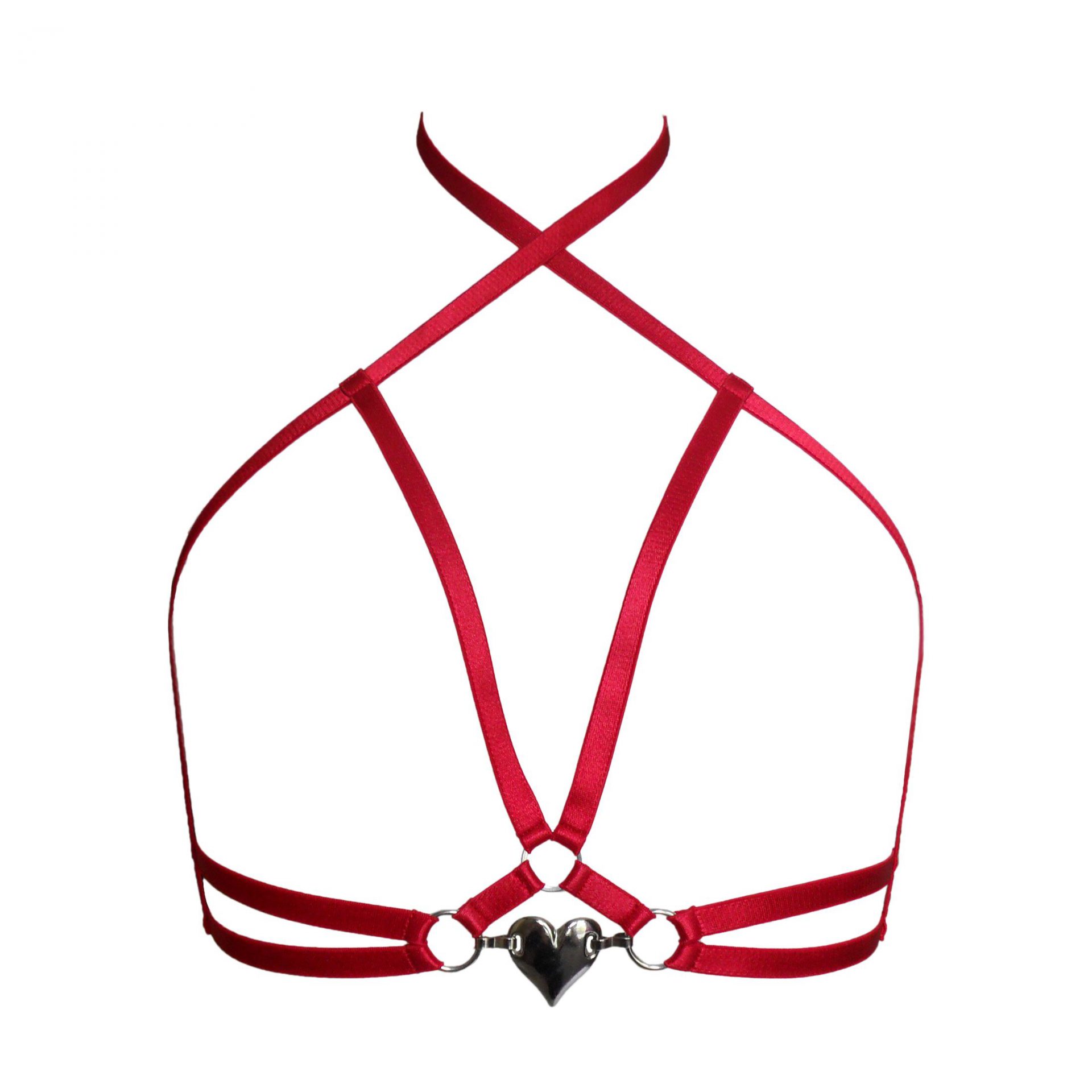 Red satin elastic harness bra with silver metal heart