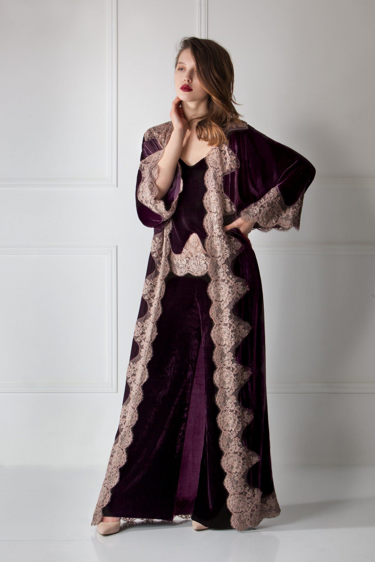 Amoralle Vivid Maxi Kimono in purple velvet and lace