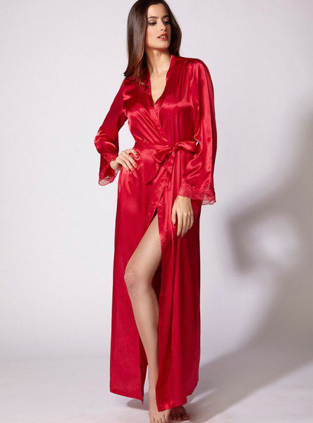 Ruby Wine Red Cherry Valentines Satin Dressing Gown Robe With