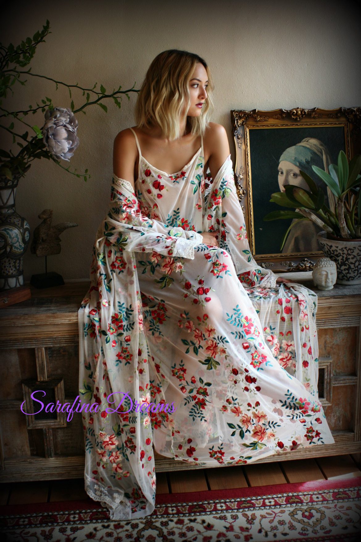 sarafina dreams floral sheer long nightgown and robe set | Esty Lingerie