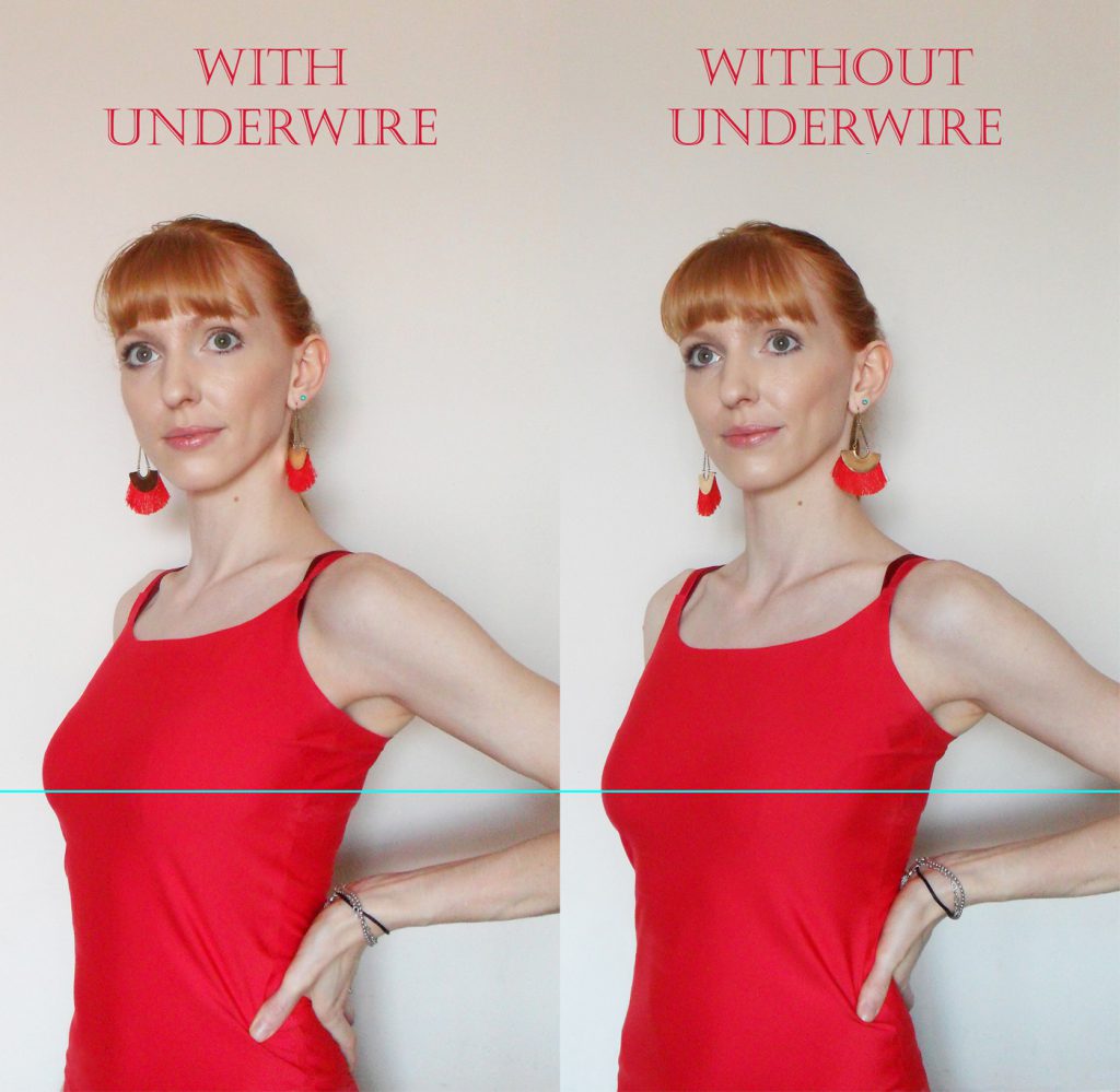 Side-by-side comparison of the same bra with underwires and with them removed. Without the wires, the fullest part of my bust is slightly lower on my chest.