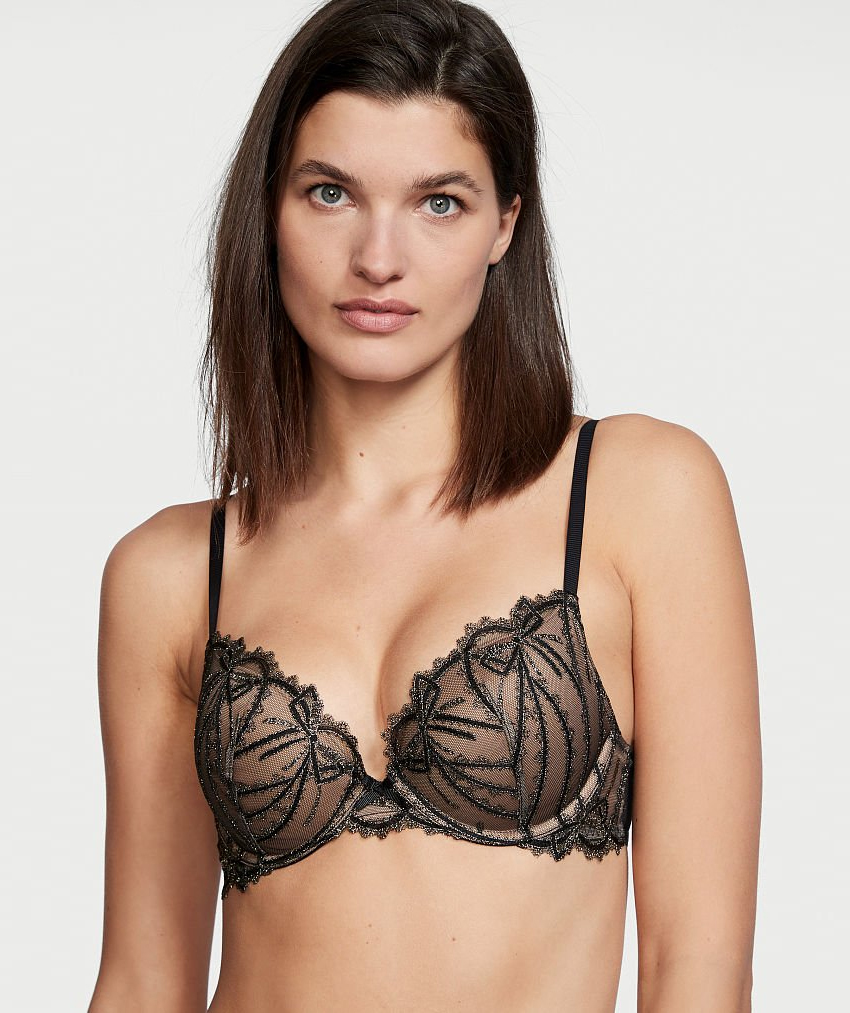 Victoria's Secret Luxe Unlined Butterfly Lace Balconette Bra 3D Thong Set  Black