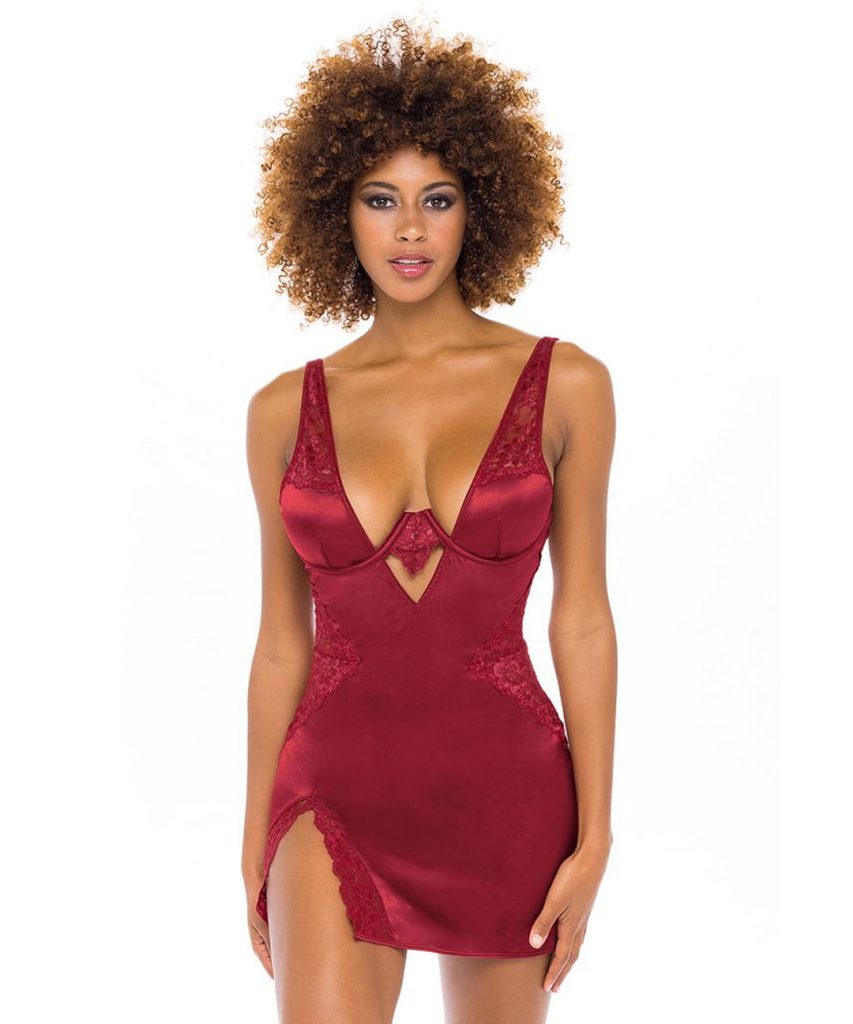 Women Red Satin V Neck Lacy Bridal Nighty Gown Set – La Lingerie