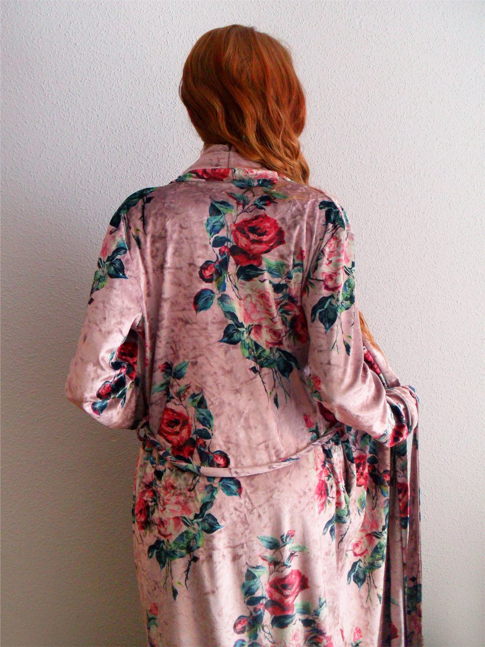 Lavender Dreams pink rose print velvet robe
