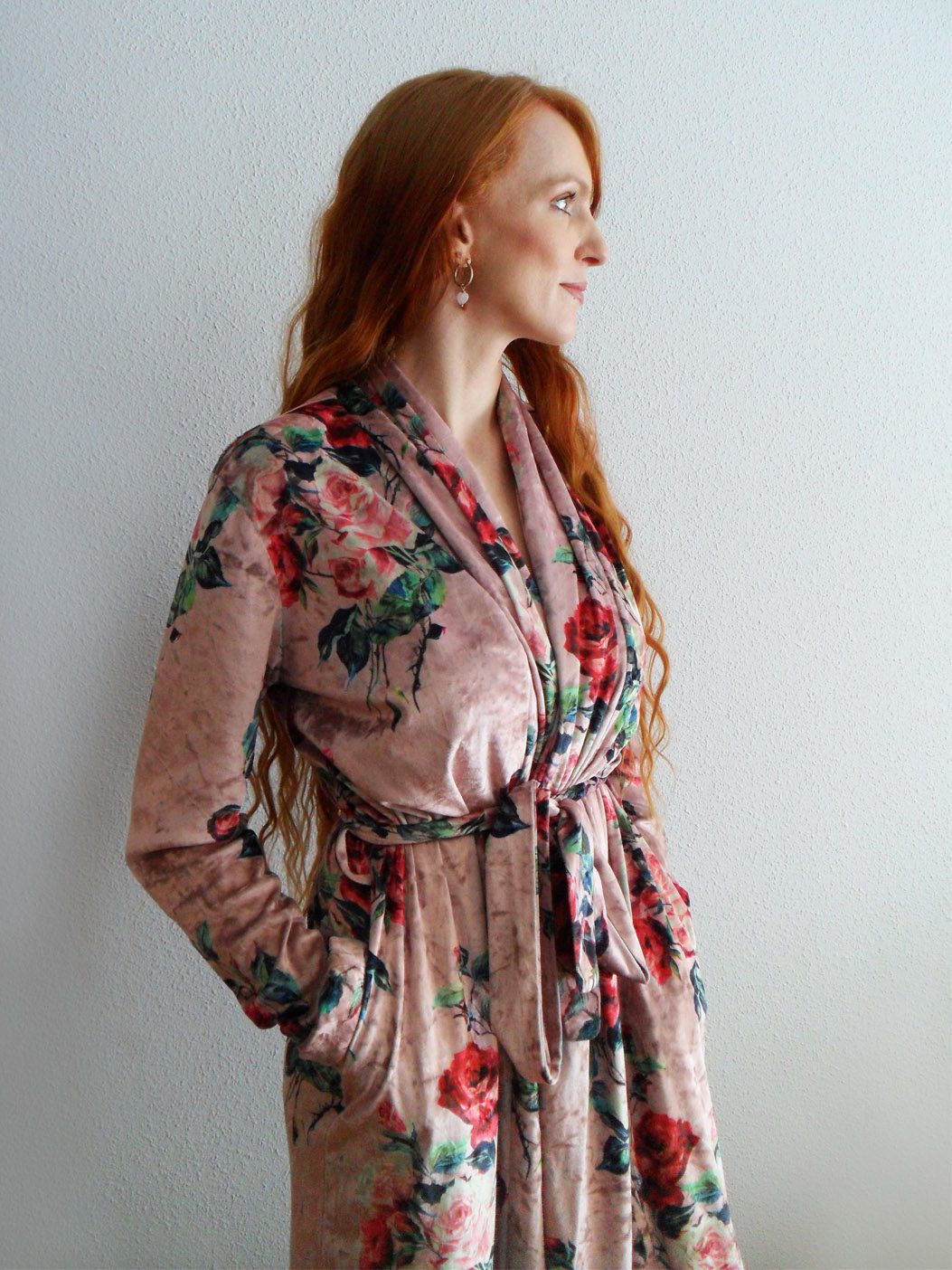 Lavender Dreams pink floral velvet robe