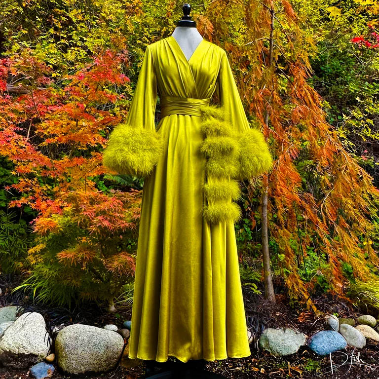 Boudoir by D'Lish Chartreuse Marabou-cuff Beverly Dressing Gown