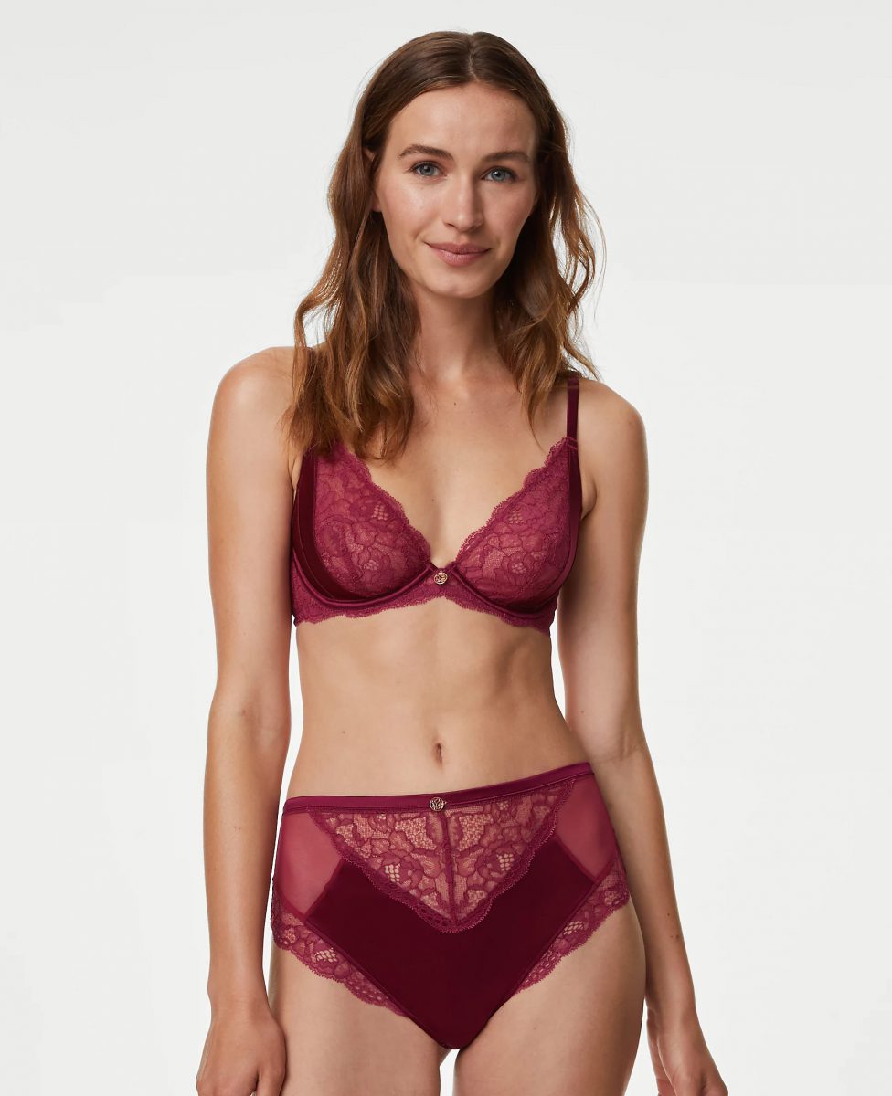Rosie for Autograph claret red silk and lace plunge bra set