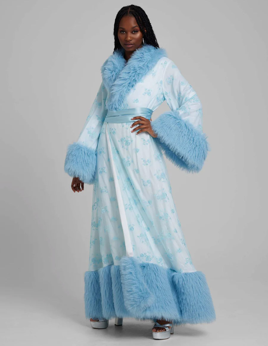 Scarlet Gasque Arctic Queen icy blue silk and faux fur dressing robe