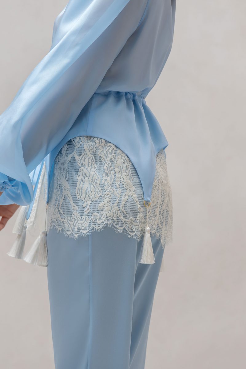 Apilat luxury blue silk pyjama set with ivory lace