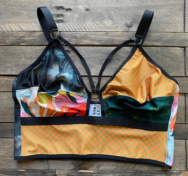 Lucky Sew and Sew patchwork bralette made with upcycled fabric scraps