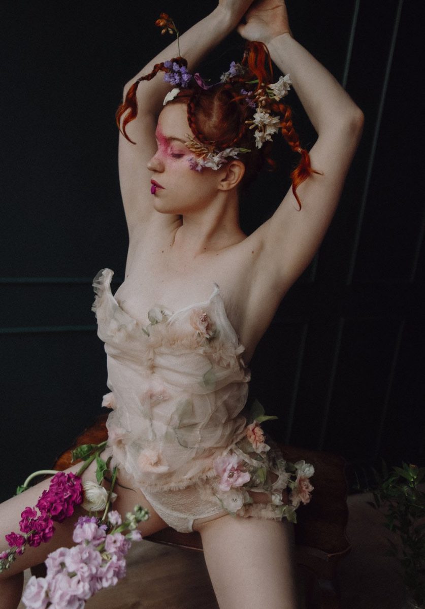 Maison Louve Ivy luxury corset with panniers and 3D flowers