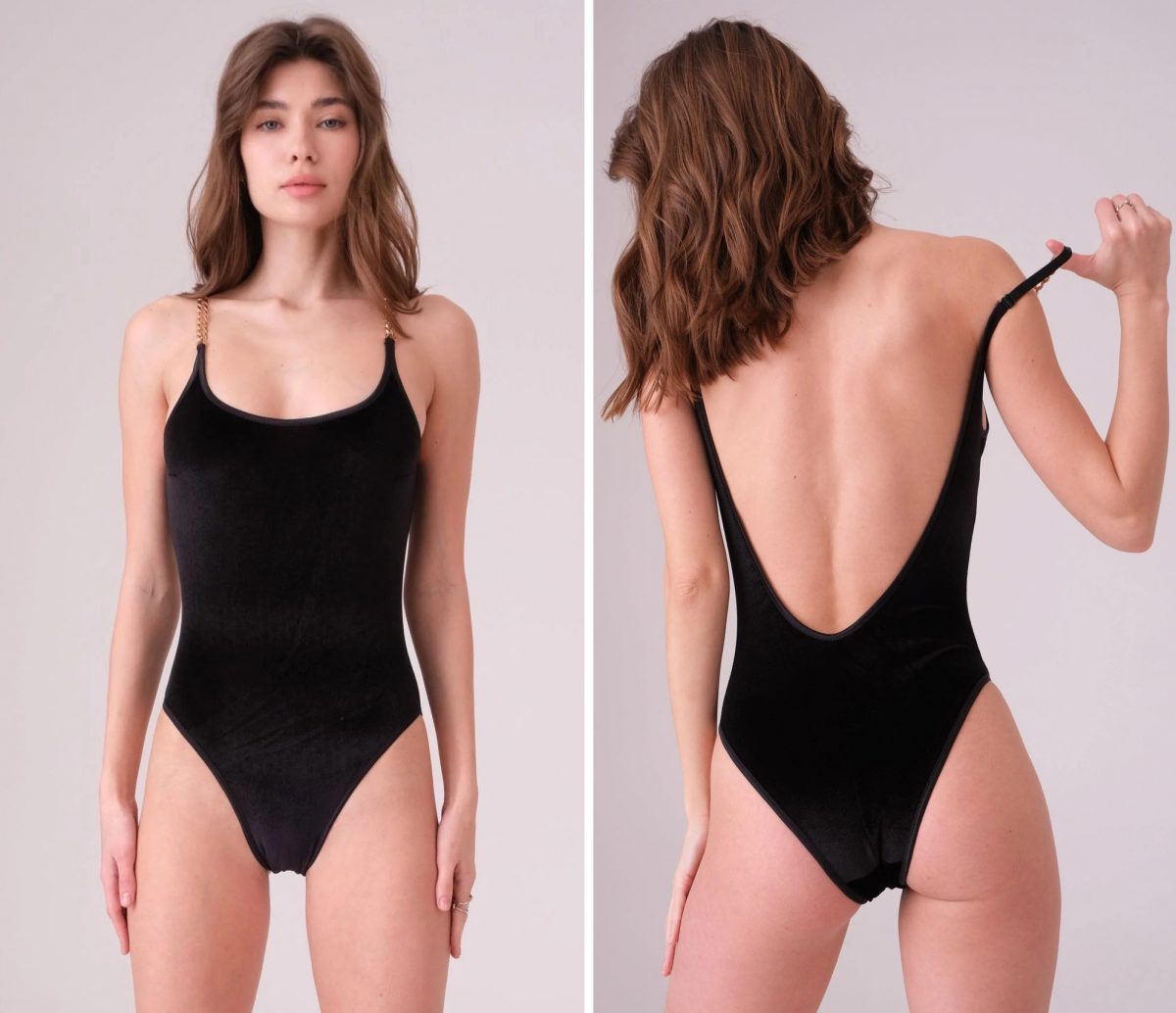 Bowobow by Yes Undress black velvet bodysuit with gold chain straps