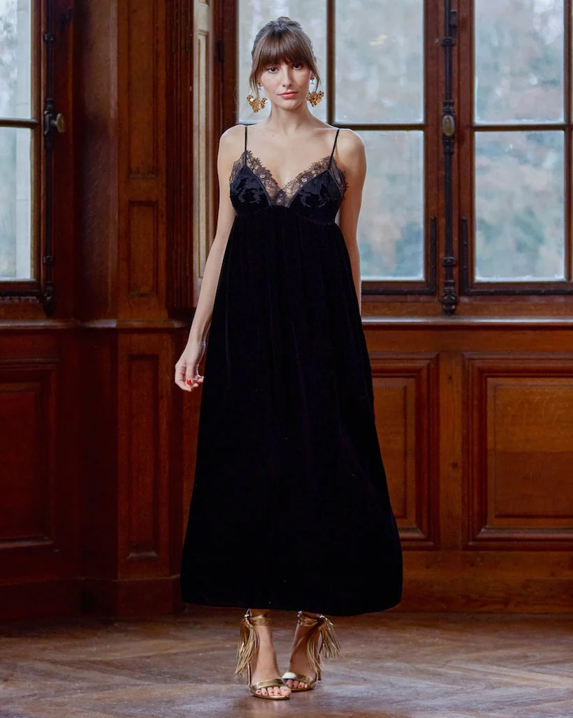 Marjolaine silk velvet slip dress with lace trim