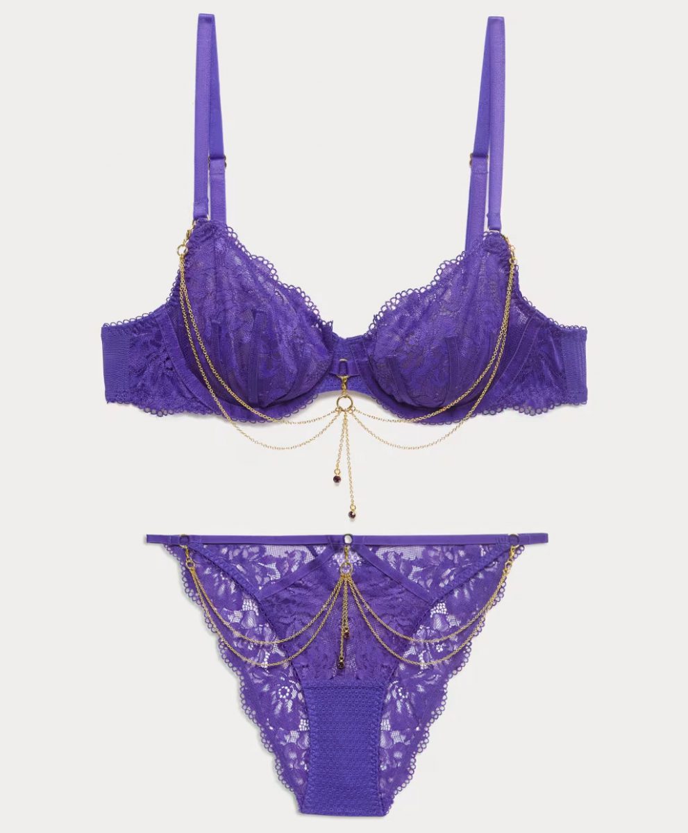 Marks & Spencer Boutique purple lace bra set with gold chains