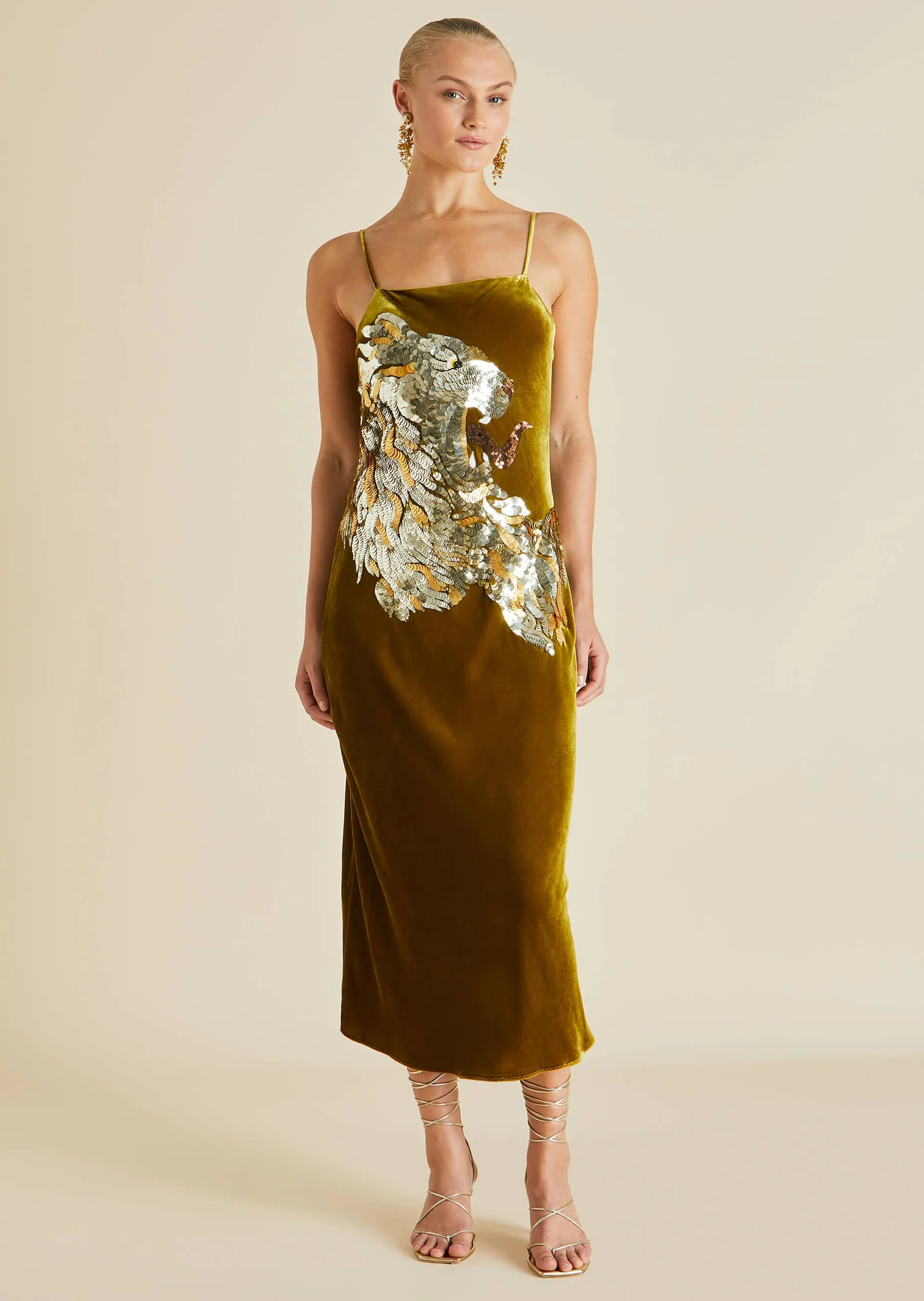 Olivia Von Halle Icon August Gold Embellished Silk Velvet Slip Dress