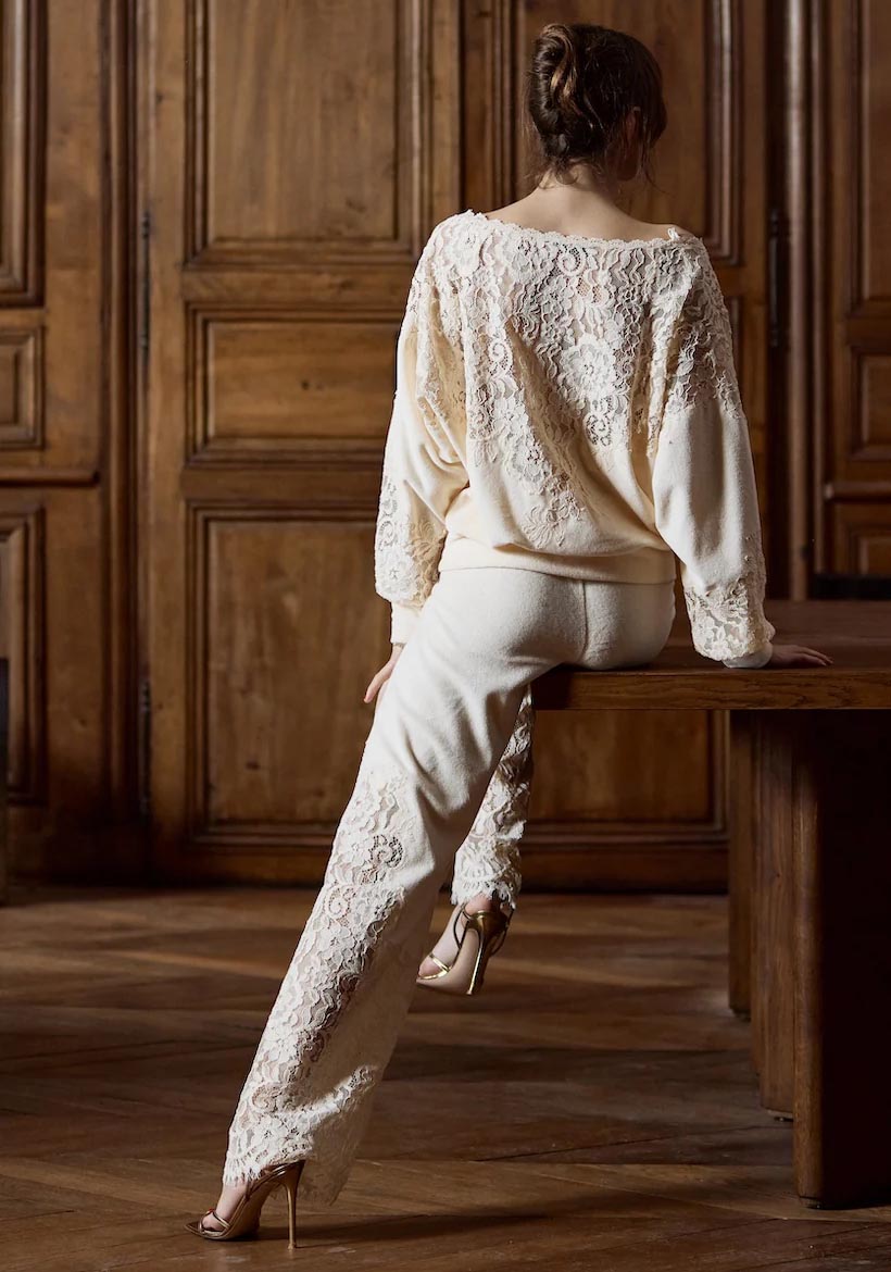 Marjolaine luxury cotton fleece pyjamas with lace