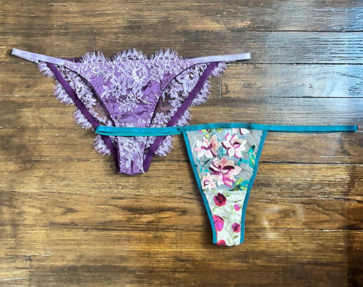 Angela Friedman Camellia embroidered thong and Heather French lace brief