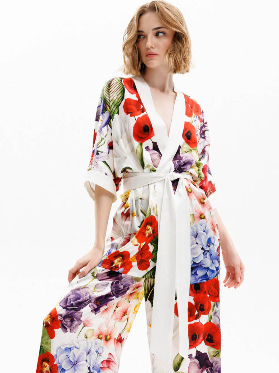 Vimissia white colourful floral silk lounge set
