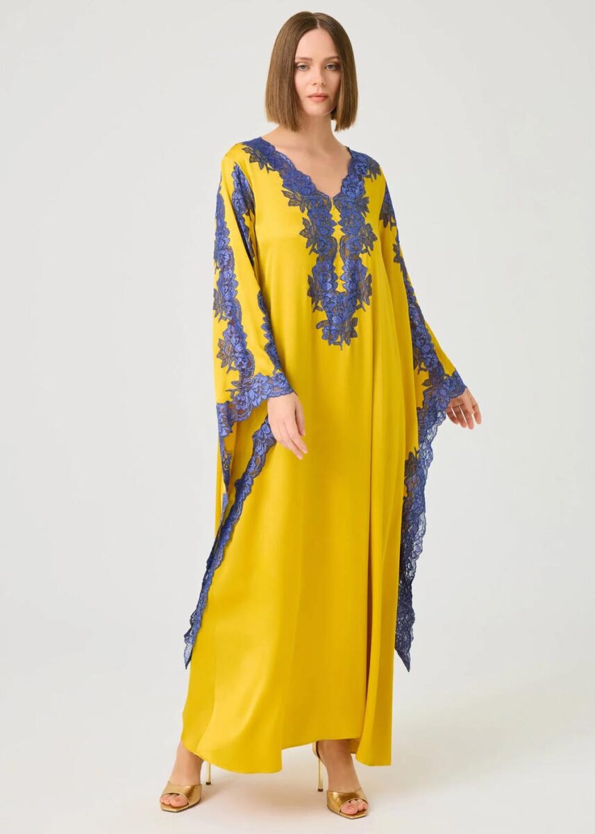 Bocan Couture Adelaide luxury rayon and lace kaftan nightdress yellow and purple