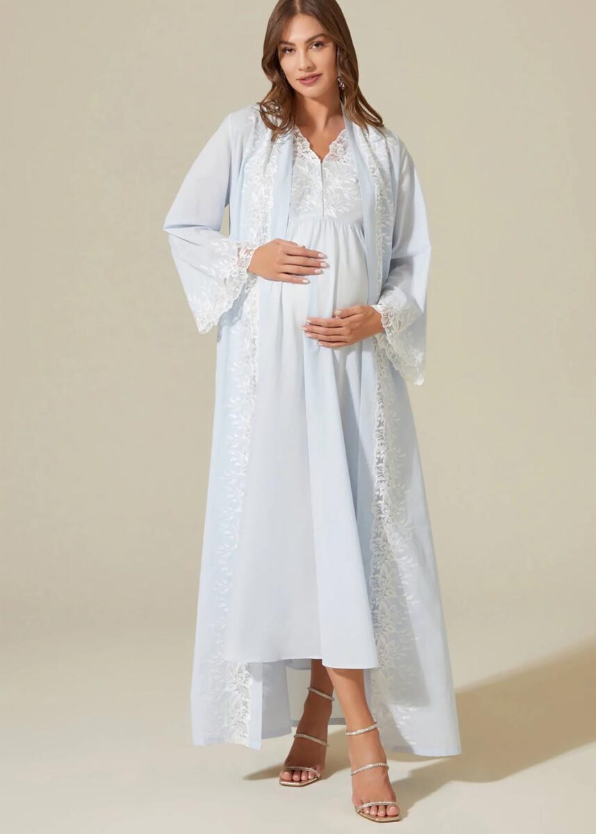 Bocan Couture luxury cotton voile and lace maternity nightgown and robe set