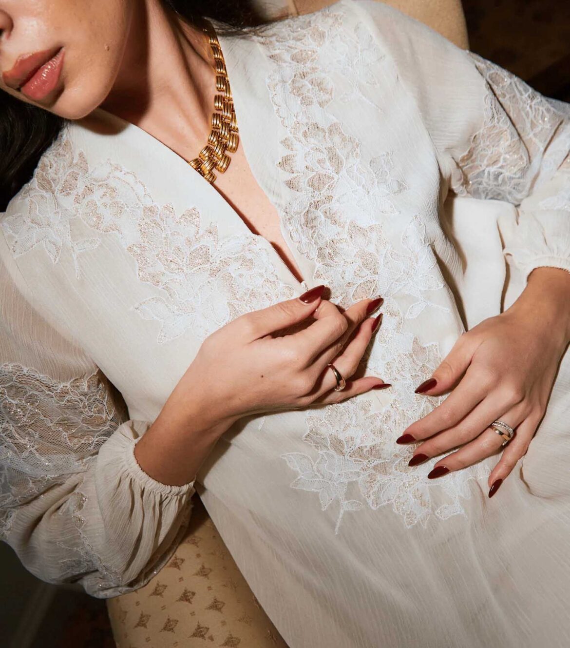 Bocan Flint luxury chiffon and lace maternity nightgown with zipper