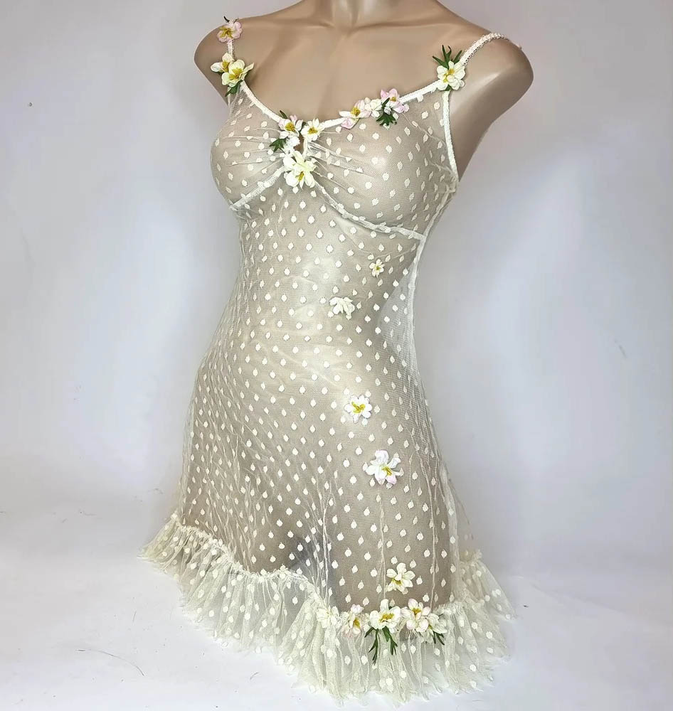 Buttress & Snatch Bella sheer polkadot lingerie dress with 3D flowers