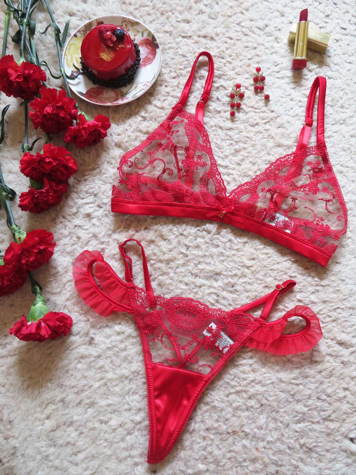 Phara d'Or Juliette luxury red embroidered bra and thong set