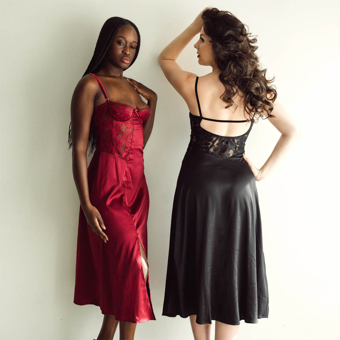 Rosa Ribelle La Divina silk and lace slip dress in red or black