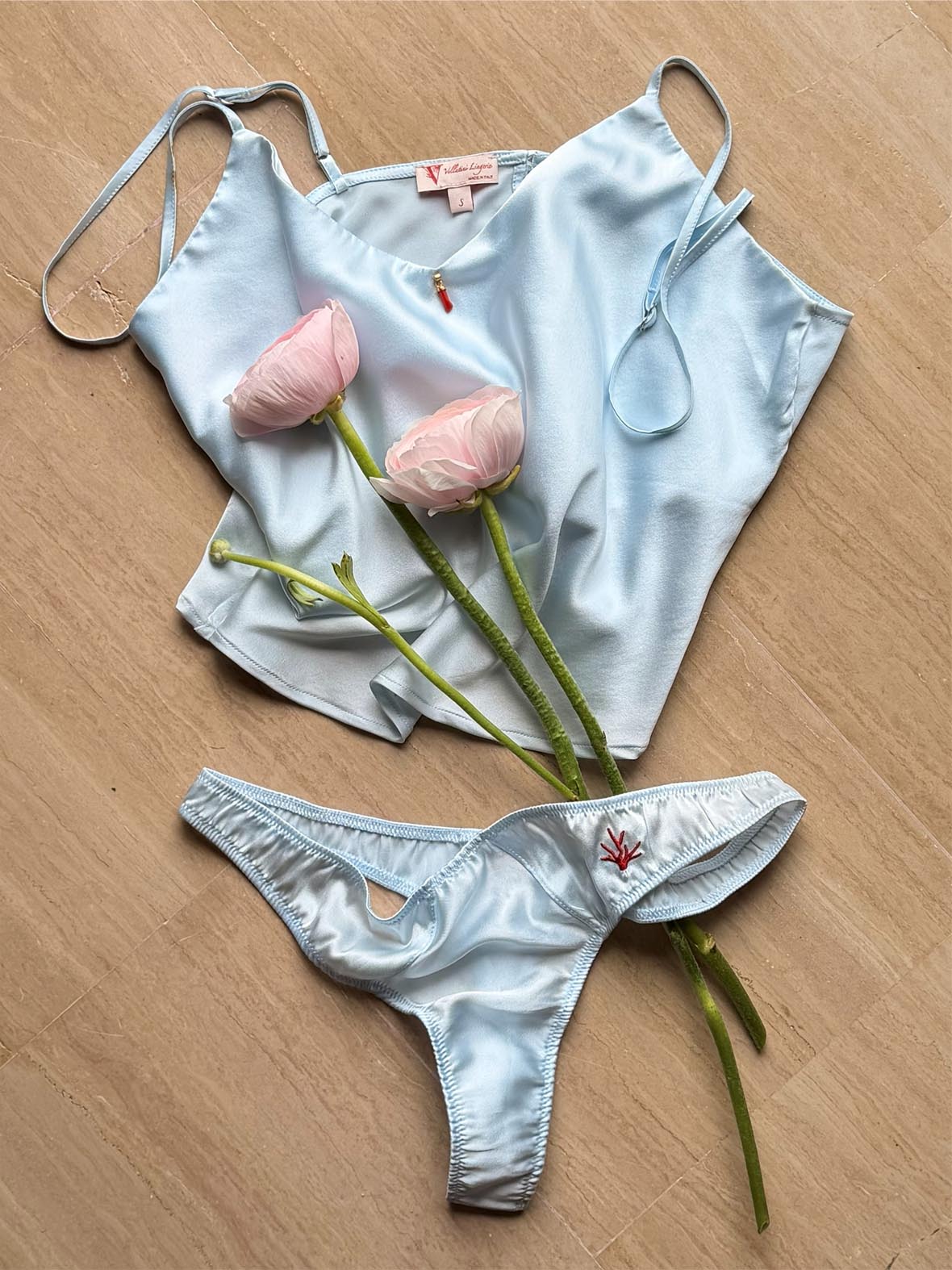 Vellutini Lingerie - pale blue silk camisole and thong