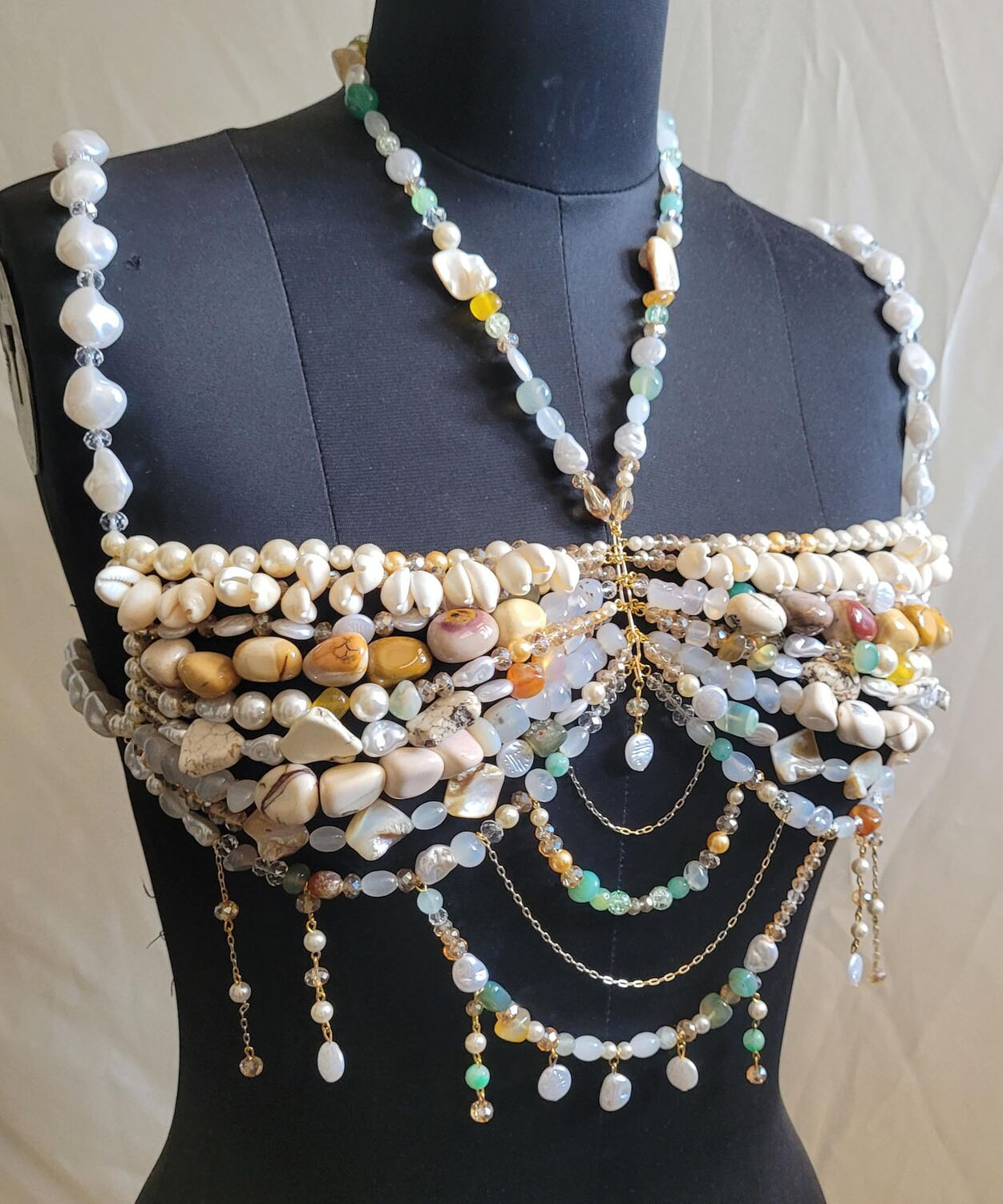 Peqota Handmades draped beaded natural stone bralette top
