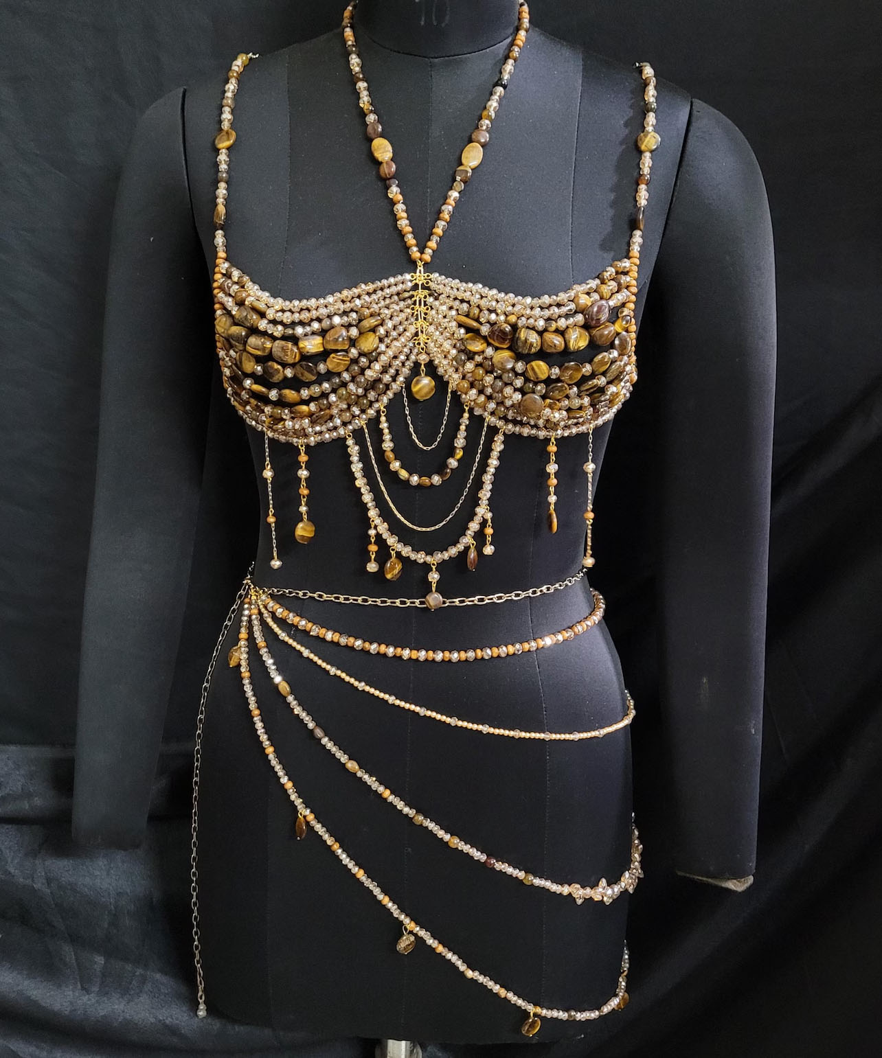 Peqota Handmades draped tiger's eye beaded bralette and belly chain
