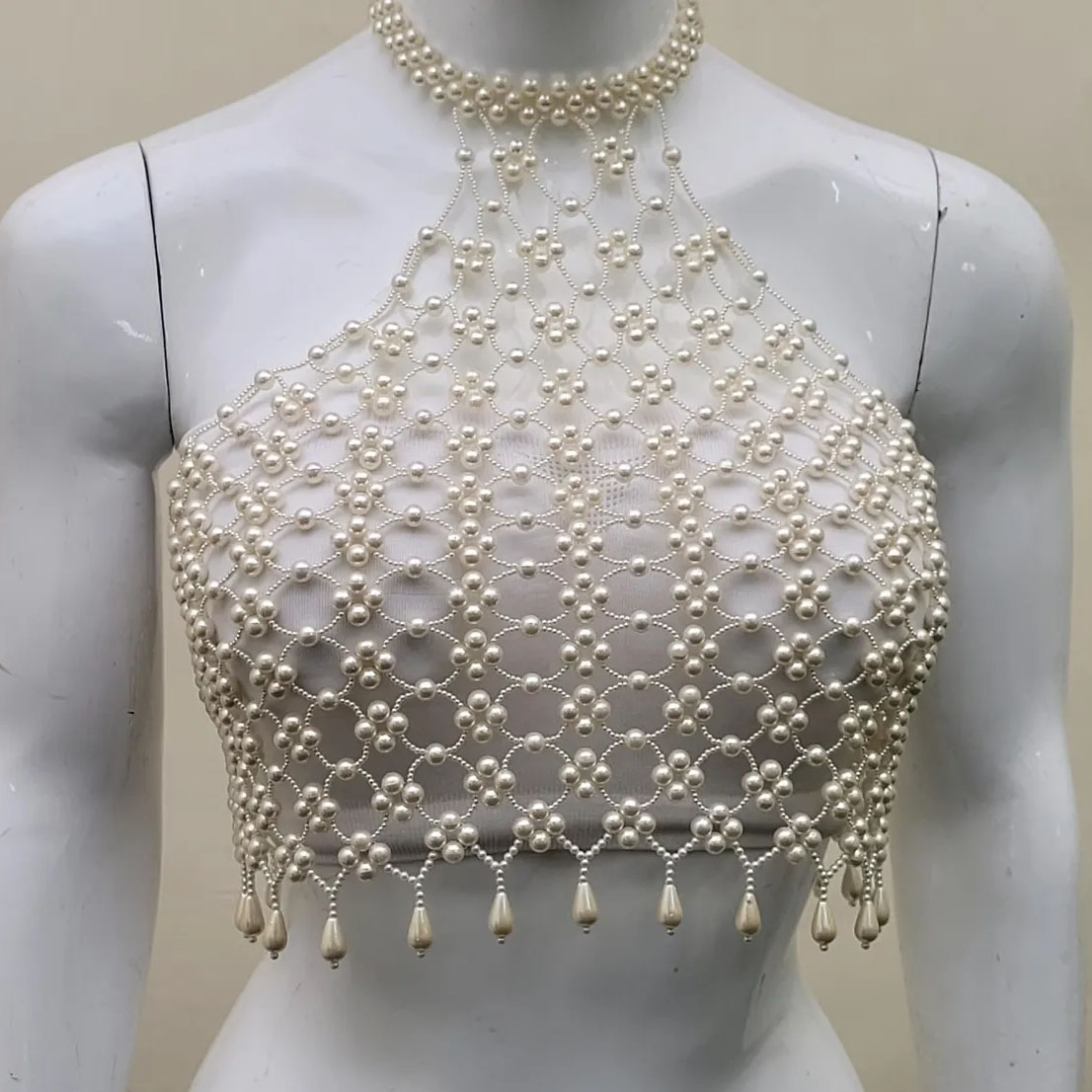 Peqota Handmades high neck pearls festival top
